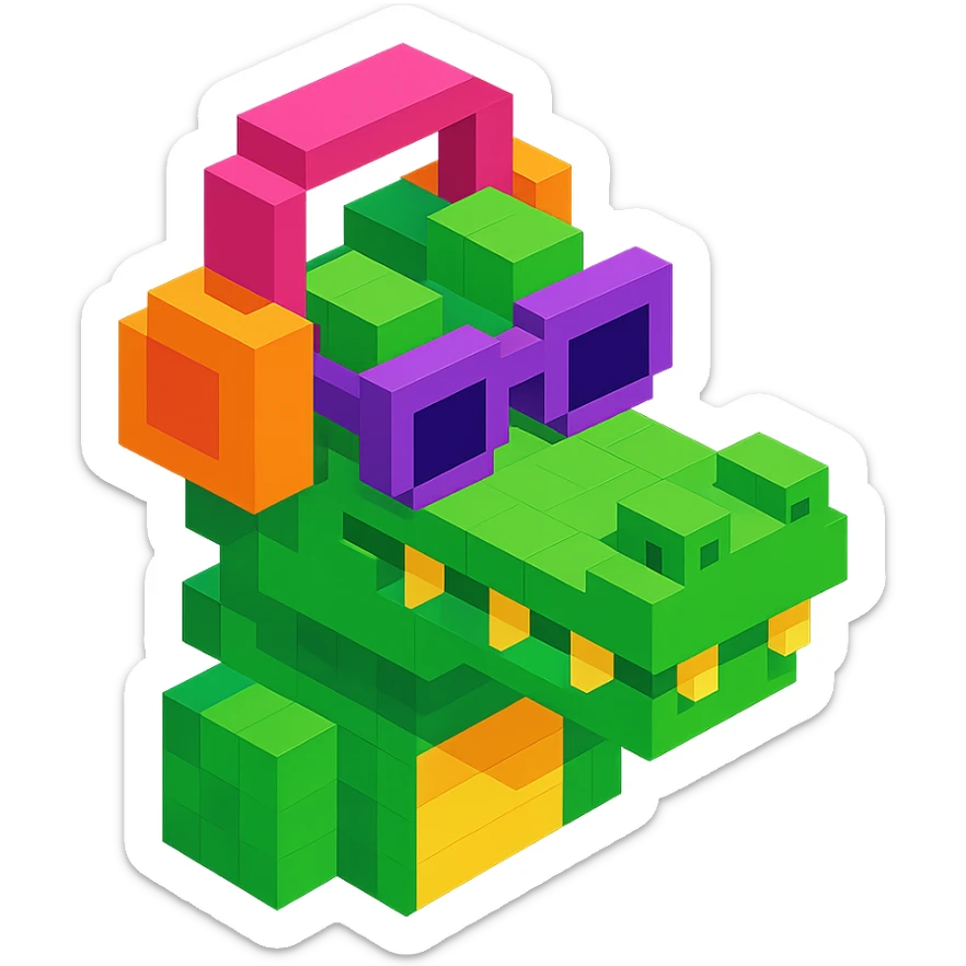 voxel style crocodile with headphones and sunglasses, isometric view sticker