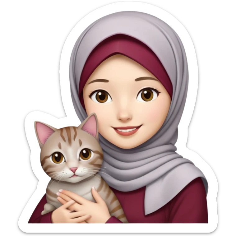 Asian White girl wearing maroon hijab with white dress holding a black grey tabby cat while smiling.  sticker