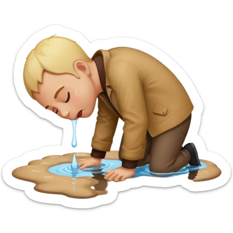apple style emoji of a man face down in a puddle, licking the water, back arched up sticker