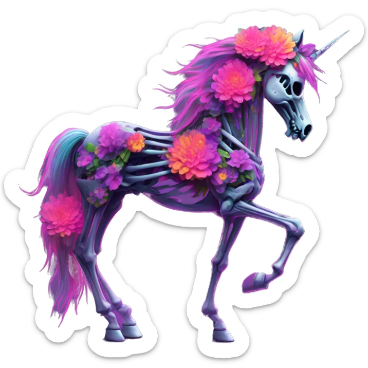 Neon Zombie Pegasus unicorn skeleton psychedelic flowers floral groovy art neon rave raving sticker