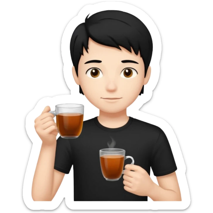 The boy teen have a black hair, and black T-shirt with a cup of tea. blue background  sticker