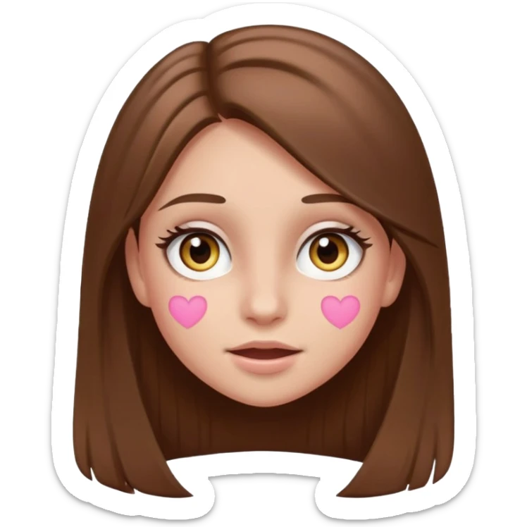 teenage girl with straighter long brown hair, hazel eyes, wearing blush and mascara, emoji style, with a playful expression sticker