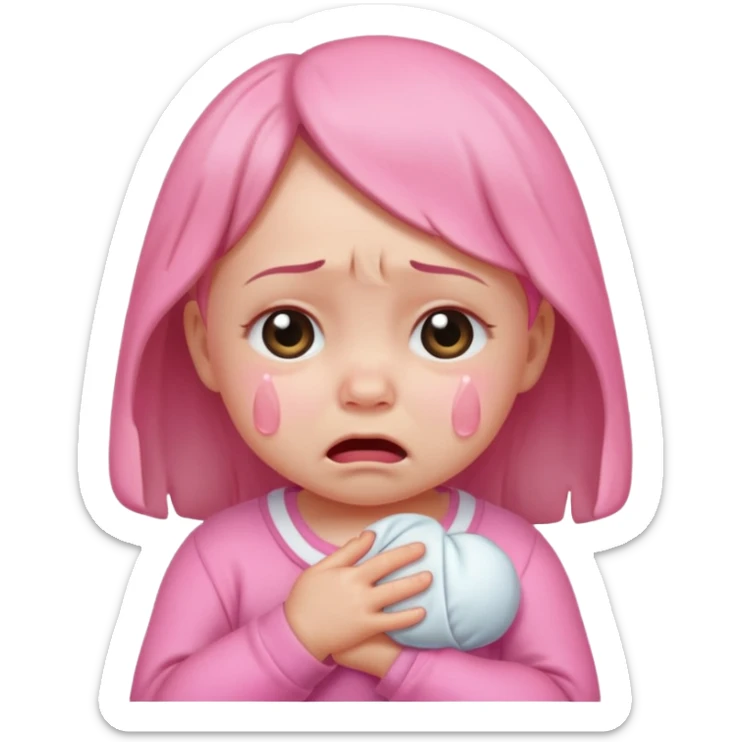 a portrait of crying baby girl, wearing pink clothes sticker