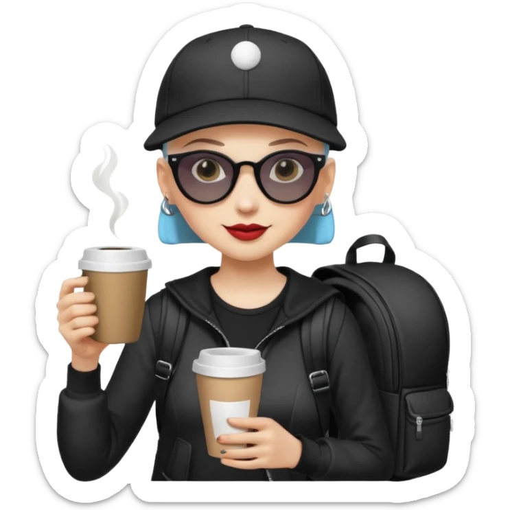["A happy woman with light skin, bald, wearing a baseball cap and sunglasses, dressed in goth fashion, is drinking coffee while holding a backpack."] sticker