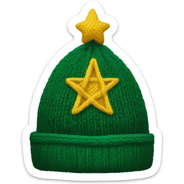 A knit hat like a Christmas tree，The bottom is wide enough for people to wear and has a yellow pentacle on top. sticker