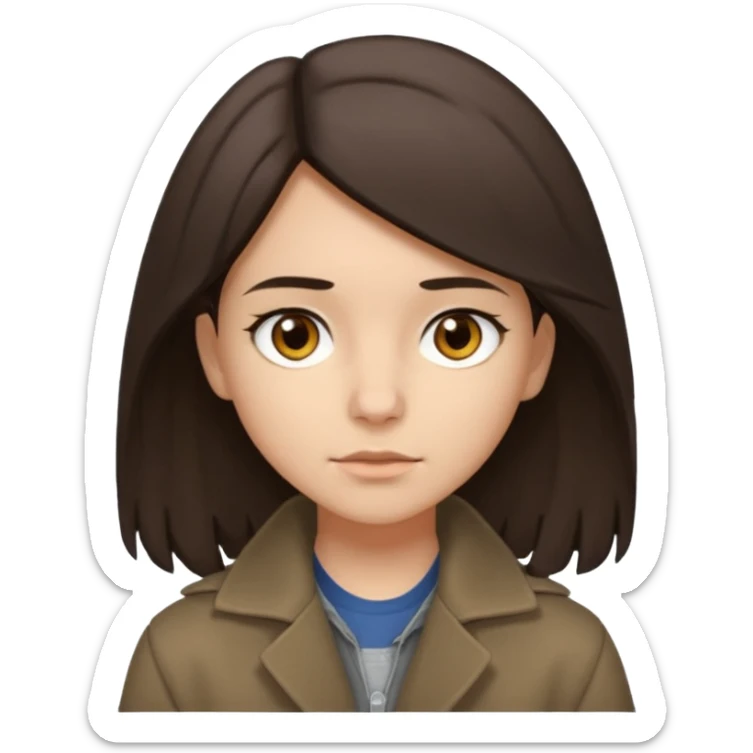 Hobo tomboy with shoulder-length dark brown hair that is parted in the middle. brown eyes, dark dull brown coat, grey shirt. sticker
