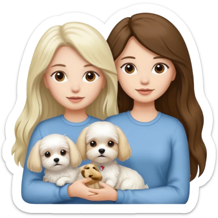 two women are holding only one Maltese dog. one woman is brunette the other woman is blonde long haired  sticker