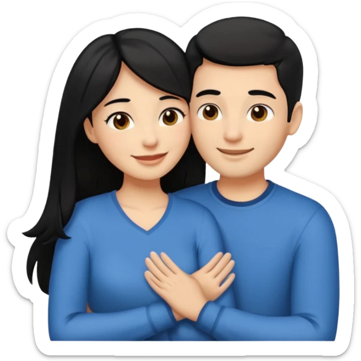 An emoji of a happy couple, the woman has long black hair and a light brown skin tone, while the man has short black hair and a white skin tone. They are in a romantic pose, expressing love and joy with warm facial expressions and affectionate gestures. sticker