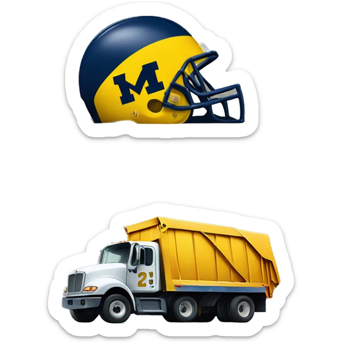 University of Michigan football helmet next to a garbage truck  sticker