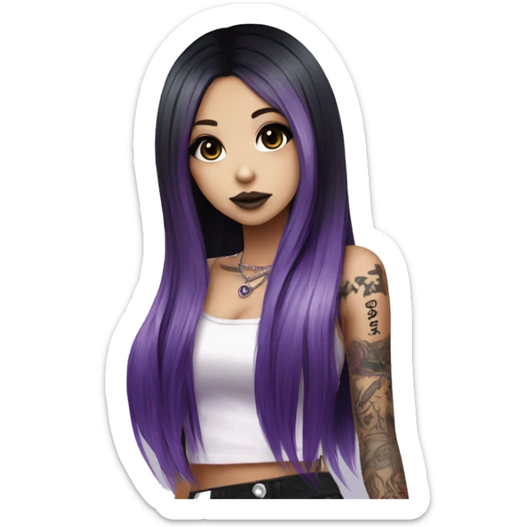 hime gyaru girl, long straight black and purple hair, tattoos, dark makeup,  sticker