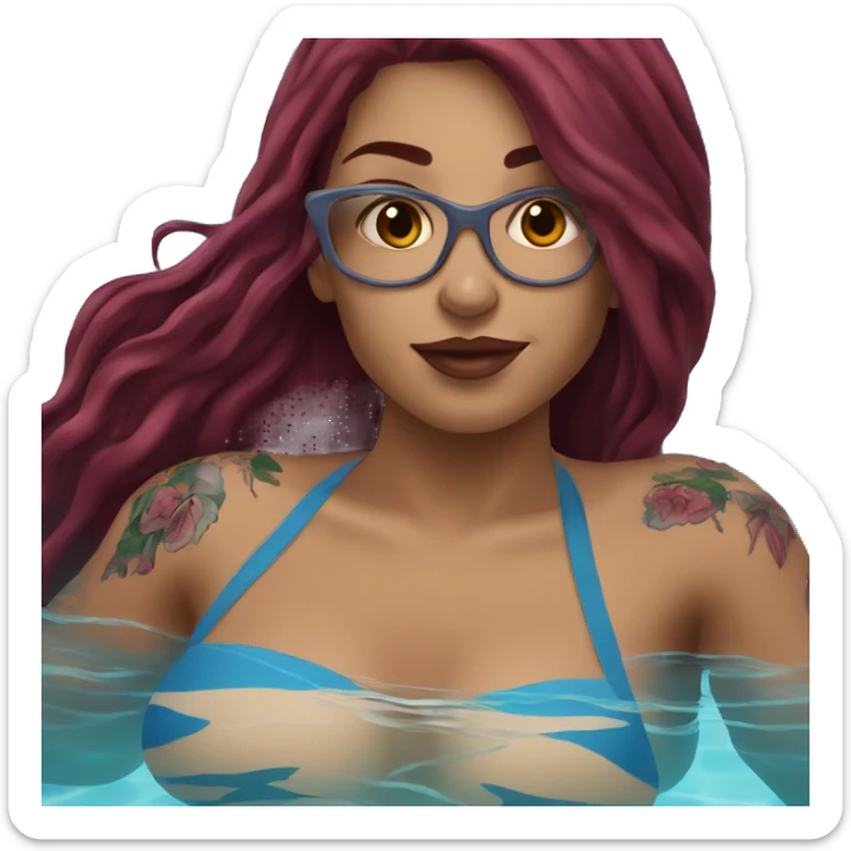 Beautiful tattooed  burgundy long haired woman swimming in a pool sticker