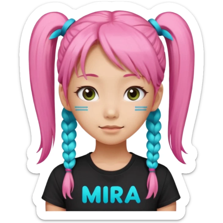 a girl wearing a black t shirt with cyan letters'mira', brave and smart face, narrow eyes, korean girl, small grin,half up half down look with two diagonal pigtails, long pink hair sticker