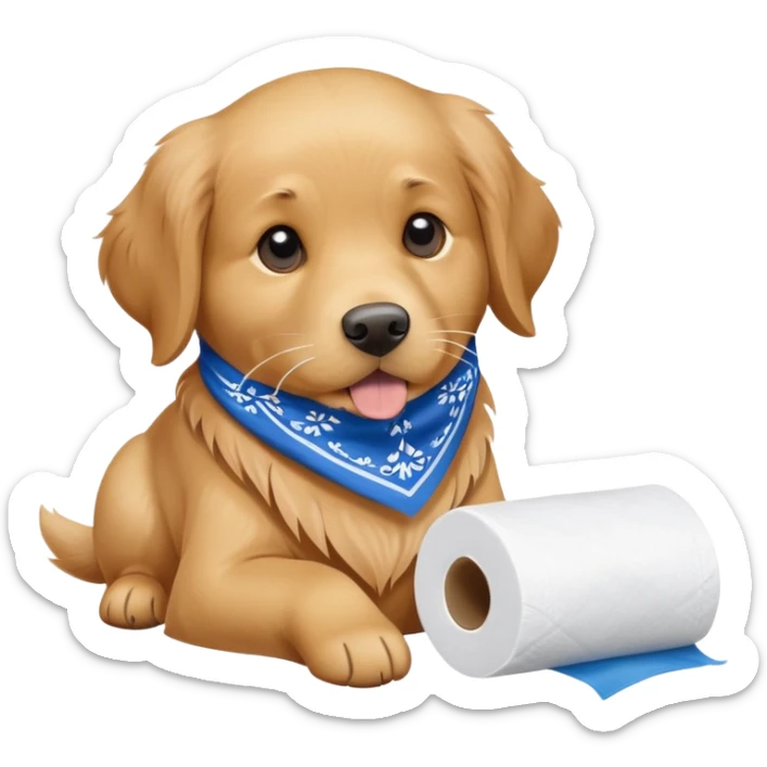 A golden retriever with a blue bandanna and a roll of toilet paper in his mouth sticker