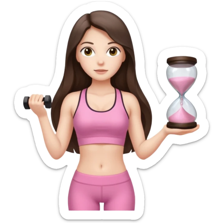 white brunette girl long hair with hazel eyes in light pink workout with hourglass shaped body sticker