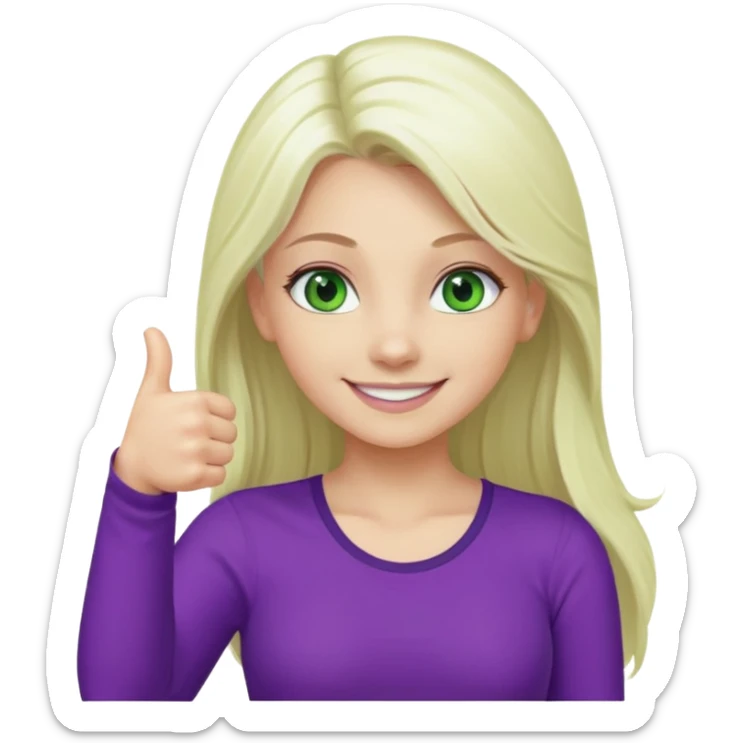 Long platinum blonde hair girl with green eyes in purple top with thumbs up  sticker