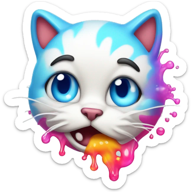 A cute cat character looking unwell, with a colorful stream of liquid coming from its mouth, depicted in a cartoonish and playful style sticker