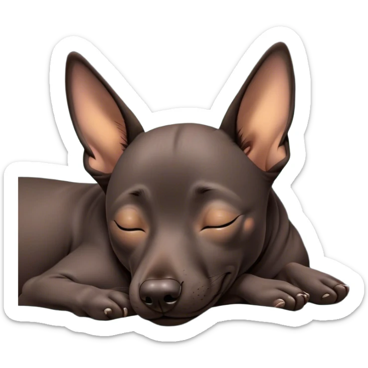 Meme-Worthy Cute Sleeping Xoloitzcuintle dog Portrait Emoji, Head resting peacefully with a contented smile, showcasing a sleek, muscular build with smooth, hairless ebony skin and gently relaxed wrinkles, eyes shut in a serene nap, Simplified yet hilariously adorable features, highly detailed, glowing with a soft, drowsy light, high shine, relaxed and utterly lovable, stylized with an air of playful laziness, bright and heartwarming, soft glowing outline, capturing the essence of a comically sleepy guardian, so meme-worthy it feels like it could instantly become the next viral sensation of adorable slumber! sticker