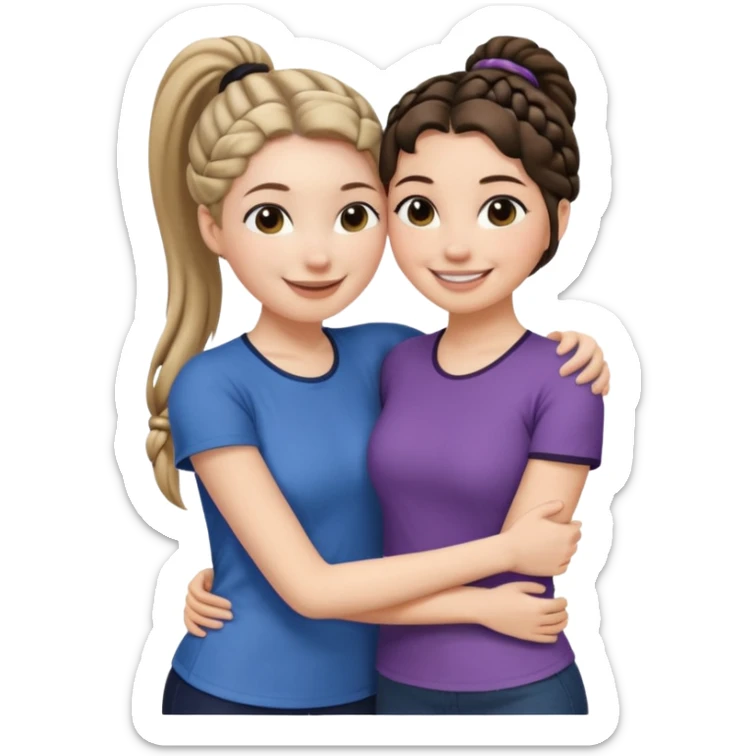 Hug two white skin women, one shorter woman with medium brown simple top ponytail, not braided, and one taller woman with a single long black side braid sticker