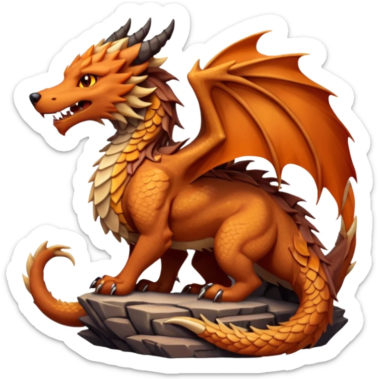 Majestic wolf-like dragon with red sandstone scales and layered plates resembling canyon rock formations. Crystallized mineral mane with copper and gold hues runs down its neck and back. Obsidian claws, amber eyes, and a tail of stone spires. Pokémon style. orange-ish brown fur/scales. sticker