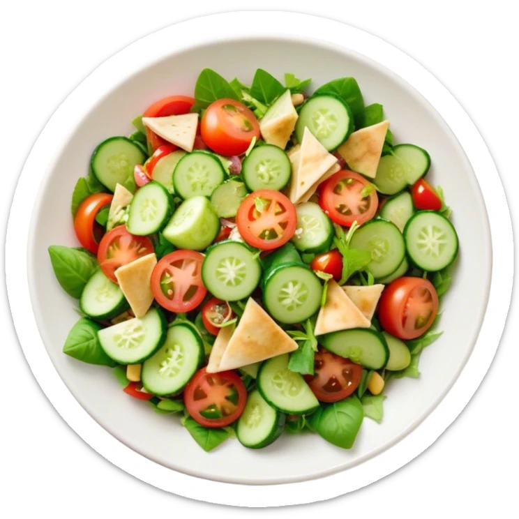 Cinematic Realistic Fattoush Salad Dish Emoji, depicted as a colorful medley of greens, tomatoes, cucumbers, and crispy pita rendered with vibrant textures and refreshing lighting. sticker