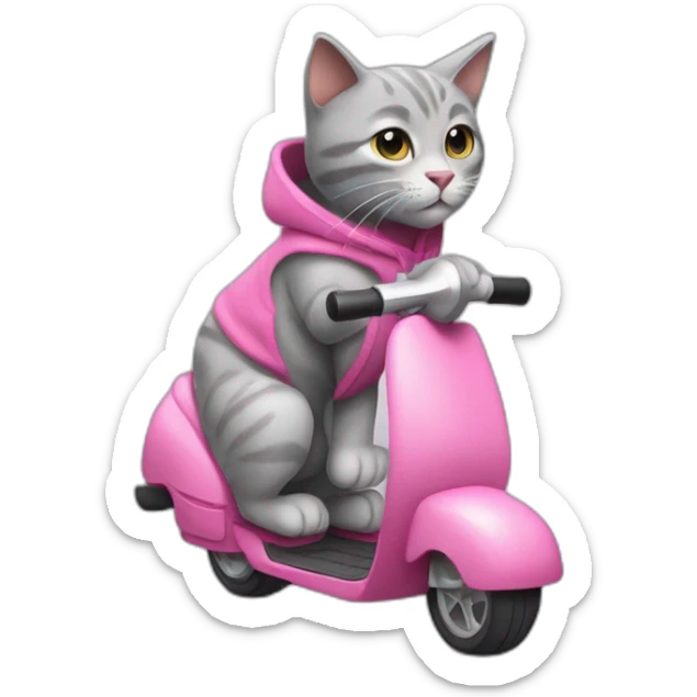 A gray stuffed cat. This cat is wearing a sleeveless sweater with a pink hood. He rides a manual scooter. sticker