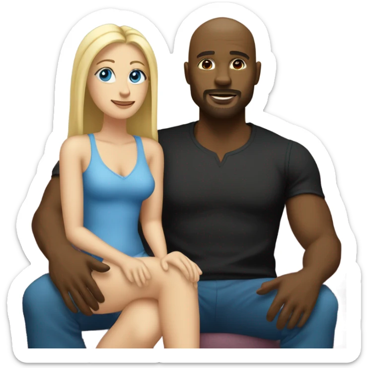 Blonde woman with blue eyes and long straight hair and black man who is bald with a goatee seated together on a sofa with their legs touching and clearly in love with each other with her left arm around him and his right arm around her.   sticker