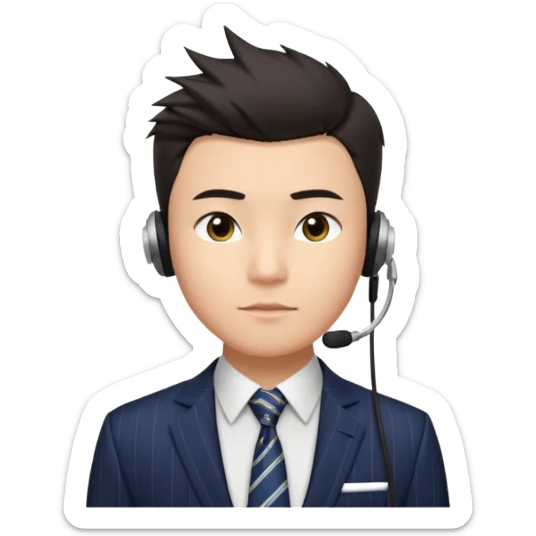 gay young Asian man with light skin, short dark hair styled upward with a sharp spiked swoop in front, slightly narrowed almond-shaped eyes with a confident, knowing squint, a clean-shaven face, and a sleek single-ear headset, wearing a dark pinstripe suit with a patterned shirt tie sticker