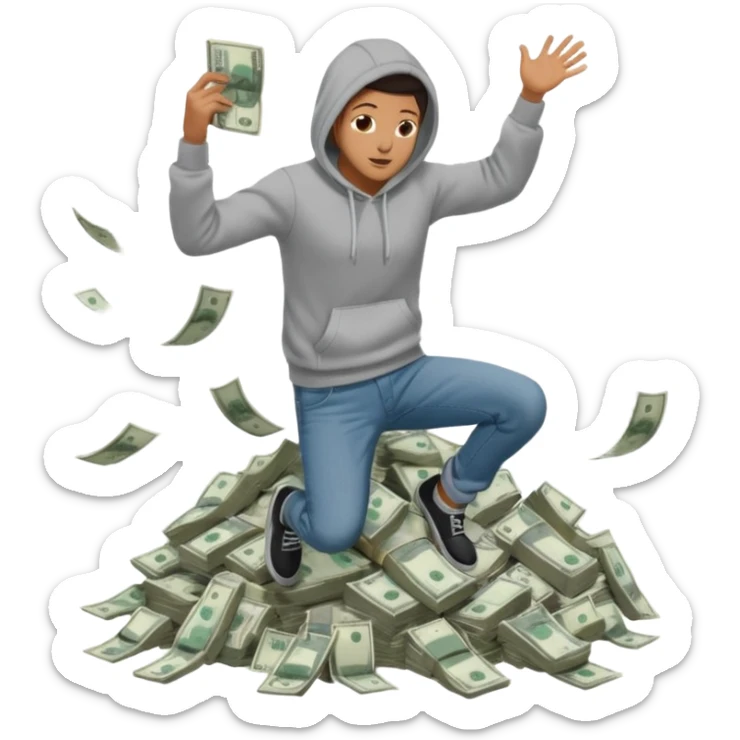 casually dress person in jeans and a hoody jumping into a pile of money sticker