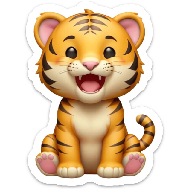 Cinematic Cute Yawning Tiger Cub Portrait Emoji, Head tilted slightly with a dramatic, wide-open yawn, showcasing a small, plush body with drowsy, half-closed eyes and an open, relaxed expression, Simplified yet irresistibly adorable features, highly detailed, glowing with a soft, cozy wild glow, high shine, relaxed yet expressive, stylized with a dash of whimsical jungle charm, soft glowing outline, capturing the essence of a drowsy yet affectionate tiger cub that appears ready to stretch out for a nap! sticker