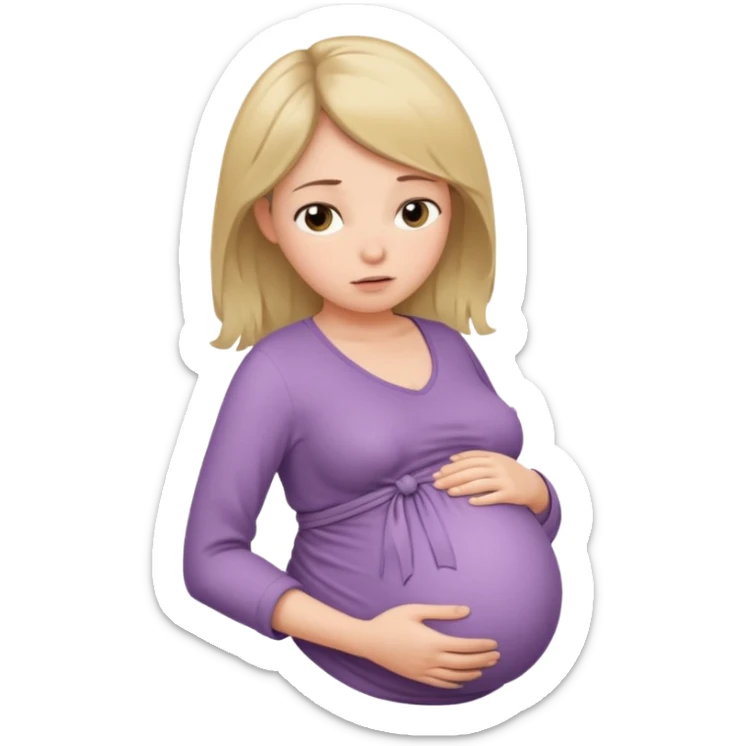 pregnant woman with neatly tied hair looking tired touching her big belly softly and breath slowly sticker