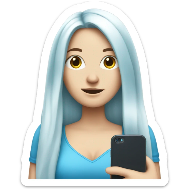 white girl with long blue hair holding a phone in her hands sticker