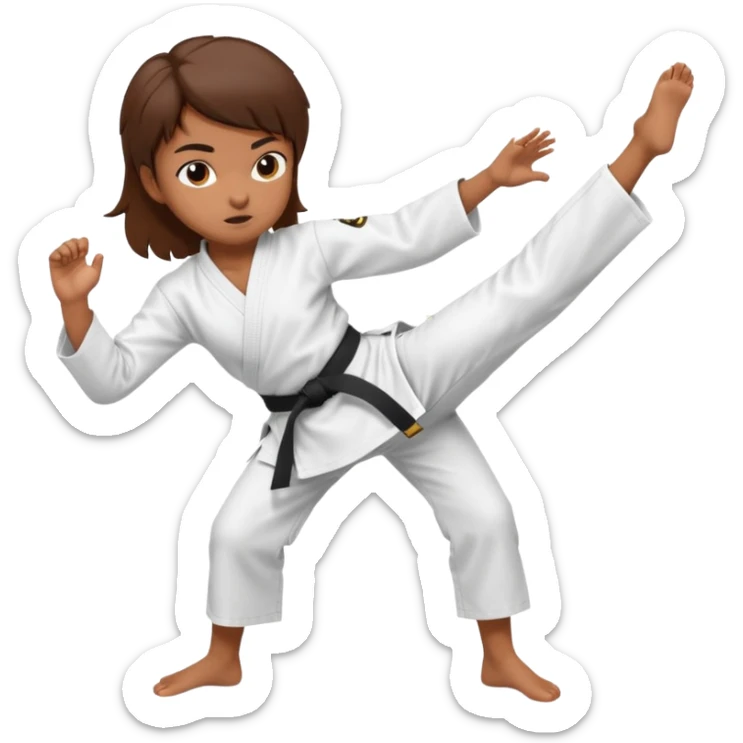 Ragazza castana che pratica karate, ha la cintura nera ed io tradizionale kimono bianco del karate, tira un calcio laterale  sticker