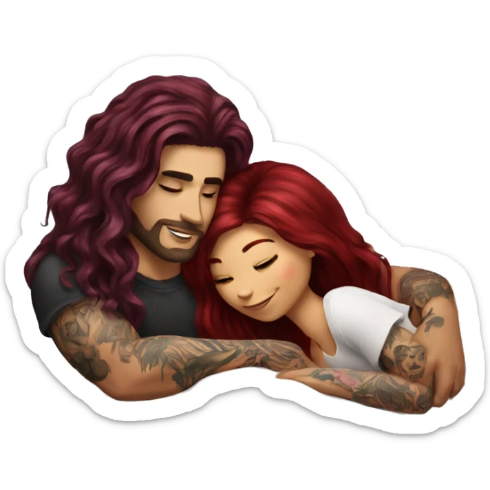 Beautiful tattooed burgundy long haired woman laying on the boyfriends chest sticker