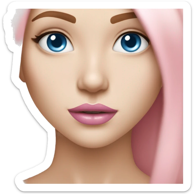 a beautiful girl with very fair skin, blue eyes and bob length straight soft pink hair, with pink lipstick on her lips sticker