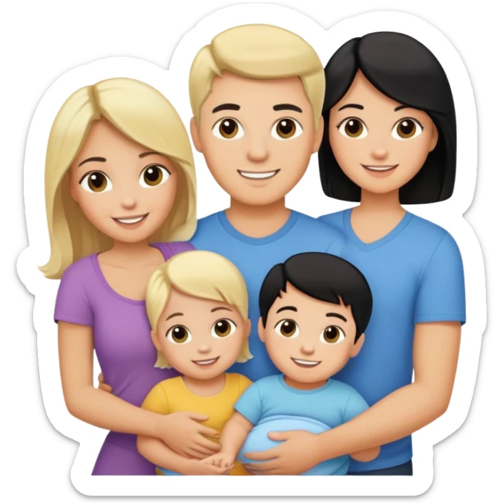 family with blond dad, brunette mom, blonde son, daughter with black hair, and a baby sticker