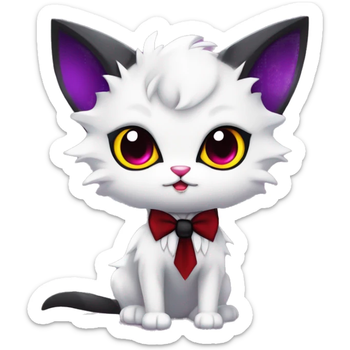 Cute-Evil-Vampiric-Batty-Cat-Black-Purple-Red-Yellow-White-Contrast-Colors-Fantasy-Fur-Sona-Chibi-Shiny-Fakémon-Hybrid with horns and big fangs neck bow white tie leg spats full body sticker