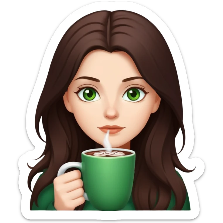 white girl with dark brown long hair,green eyes, and a hot chocolate sticker