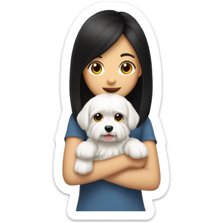 A teenage girl with black, shoulder-length hair holding a Maltese dog. She is East Asian sticker