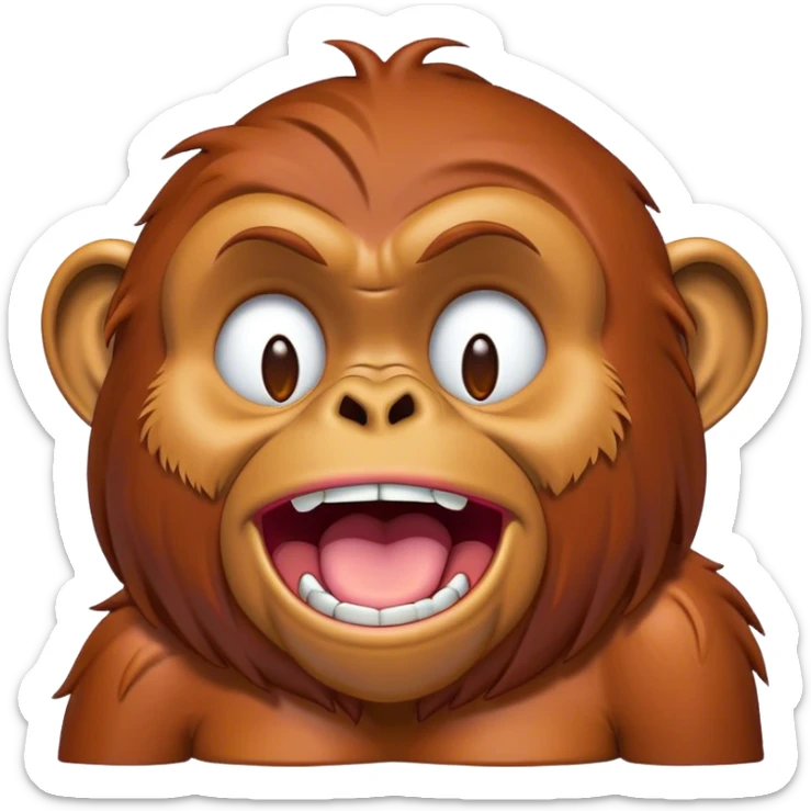 Cinematic Cute Yawning Orangutan Portrait Emoji, Head tilted slightly with a dramatic, wide-open yawn, showcasing a richly textured face with half-closed, sleepy eyes and a relaxed, open expression, Simplified yet irresistibly adorable features, highly detailed, glowing with a soft, cozy jungle glow, high shine, relaxed yet expressive, stylized with a dash of whimsical charm, soft glowing outline, capturing the essence of a drowsy yet affectionate guardian that appears ready to stretch out for a nap! sticker