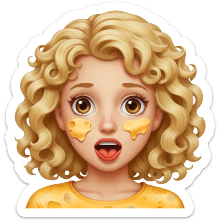Girl with dirty blonde hair curly rolling her eyes back while her mouth is open. She also has Philadelphia cheese on her cheek. sticker