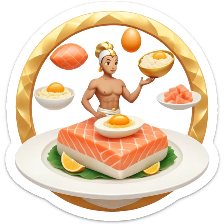 Floating plate with ethereal icons of golden egg, salmon fillet, bright chicken breast, and translucent tofu block, all orbiting a central double helix symbol, with soft light expanding towards a glowing muscular figure sticker