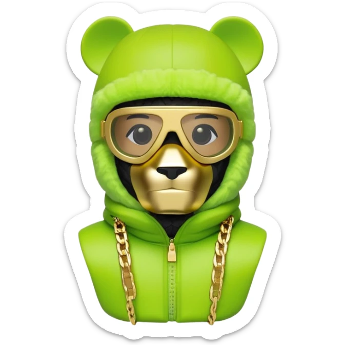 geometric bearbrick in lime green balaclava with brand tags, eyes replaced by integrated single-piece visor lens built into mask itself, not as separate glasses, down jacket with fur hood, gold chains sticker