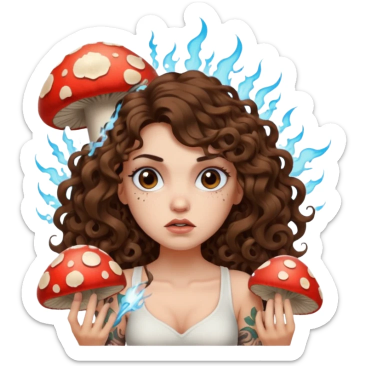 woman with long curly brown hair, brown eyes, white skin, tattoos, unimpressed stare while mushroom explodes behind her sticker