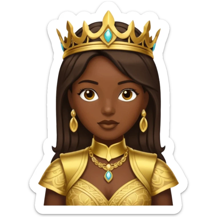 Bilquis from American Gods with dark skin, dark brown hair, gold outfit sticker