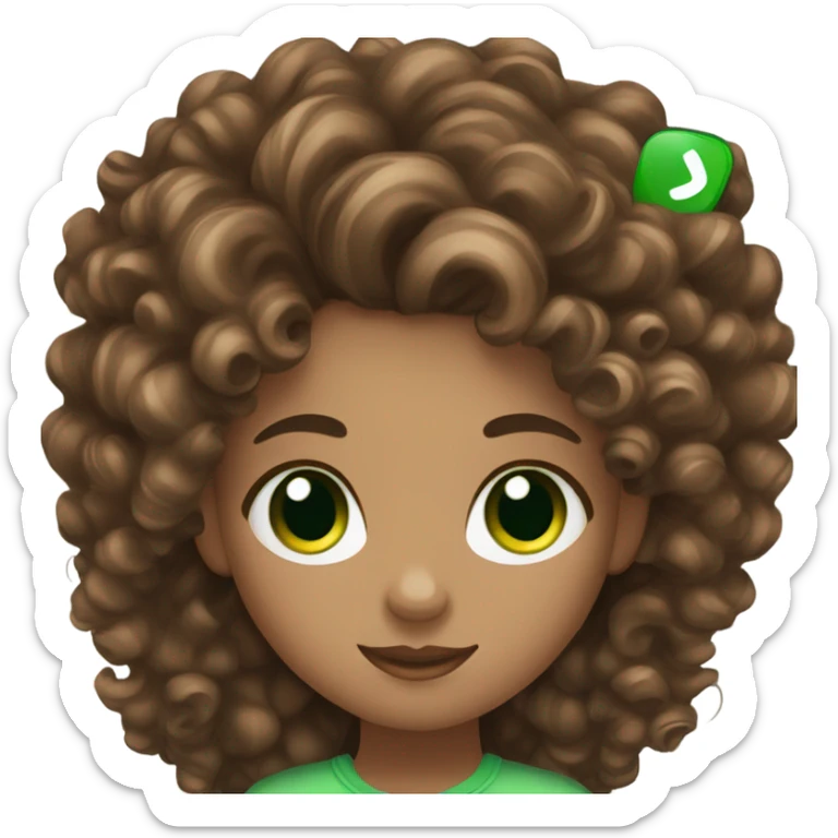 girl with green eyes and curly brown hair and long lashes holding her phone sticker