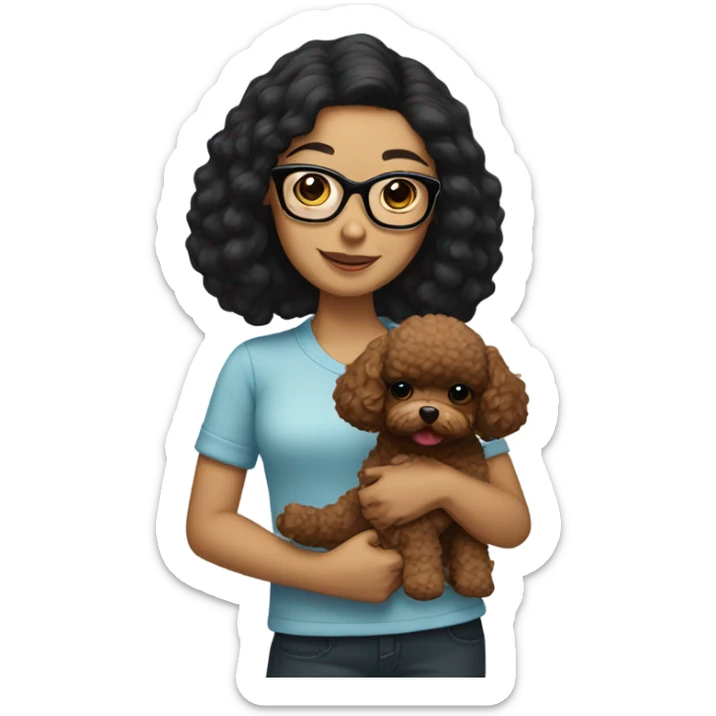 black hair girl with glasses holding a brown toy poodle sticker