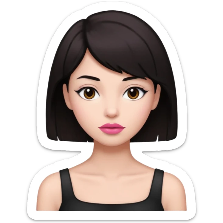 my hair is dark brown almost black, reaching my shoulder. the haircut is wolfcut, pretty lasher hut not thick. slightly pink lips. sticker