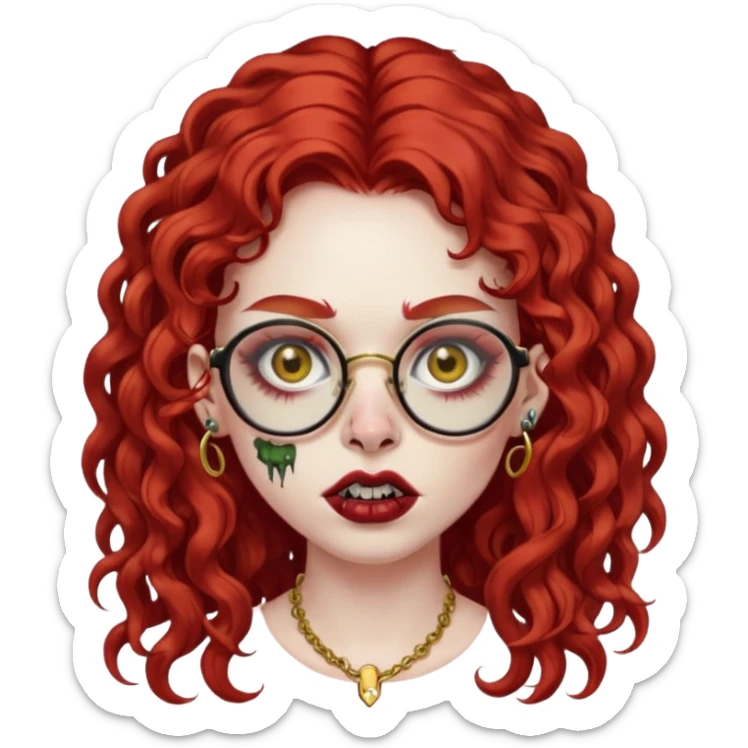 zombie girl with long red curly hair, thick lashes, black glasses, gold nose piercings on each nostril, and a gold eyebrow piercing. sticker