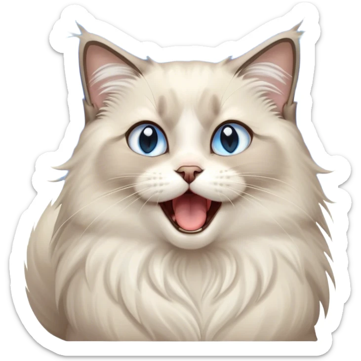 Cinematic Adorable Fluffy Light Grey Mantle Ragdoll Cat Portrait Emoji, Head tilted cutely with big, sparkling blue eyes, soft light grey fur with darker points on the ears, face, and paws, Simplified yet irresistibly adorable features, highly detailed, glowing with a soft, warm glow, high shine, yawning in a peaceful and playful manner, stylized with a touch of whimsy, bright and endearing, soft glowing outline, capturing the essence of a relaxed and loving kitten, so cute it feels like it could leap out of the screen and stretch into a cozy nap! sticker