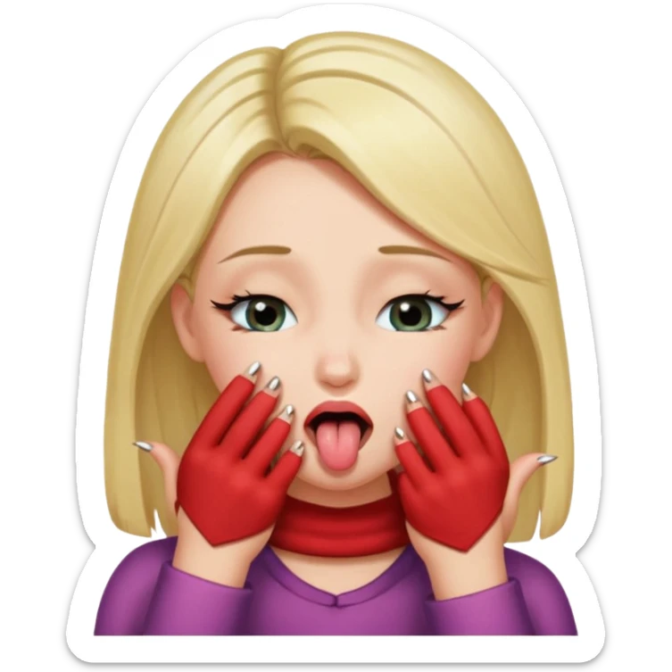 hyped up girl biting down on her tongue eyes closed hands closed with nails thumb sticking out, blushing and has eyelashes sticker